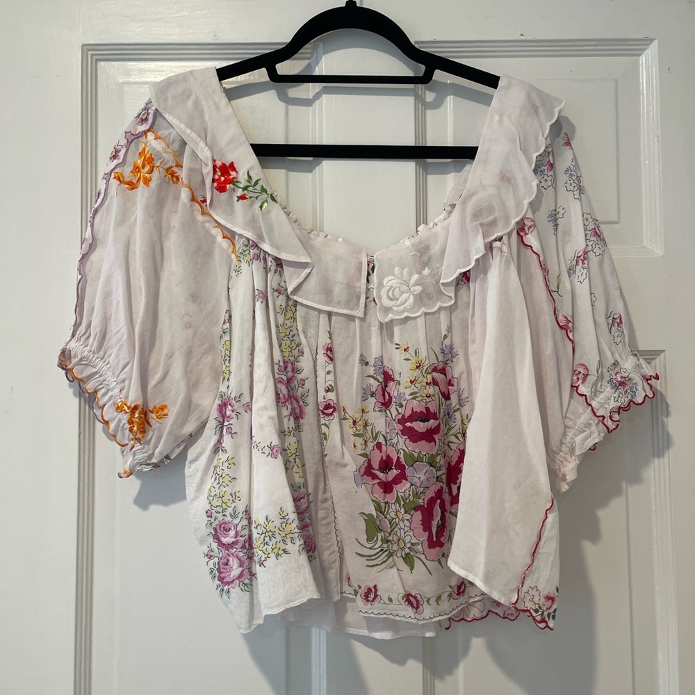 White Floral Ruffled Peasant Top - Anthropologie